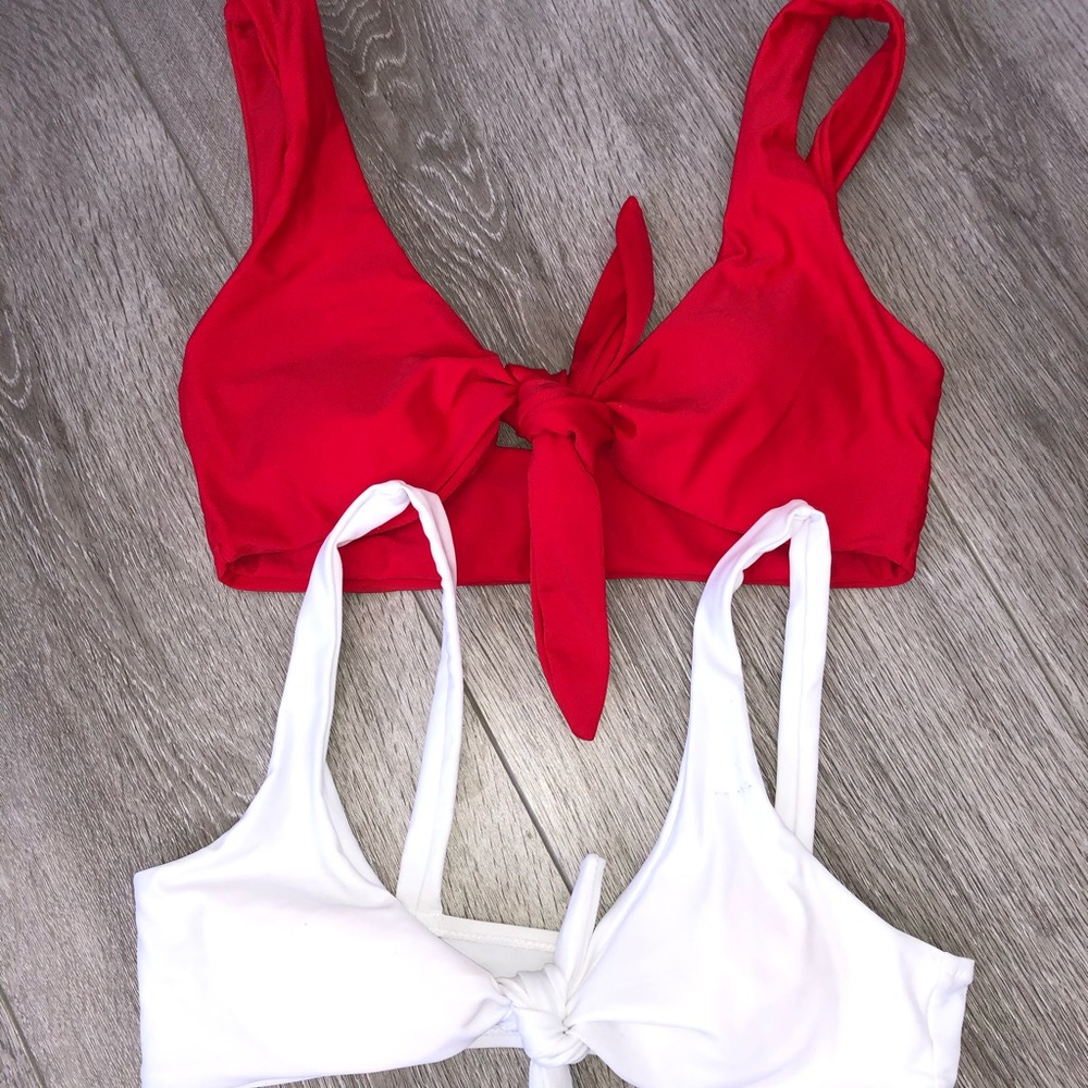 RED AND WHITE TIE BIKINI TOPS